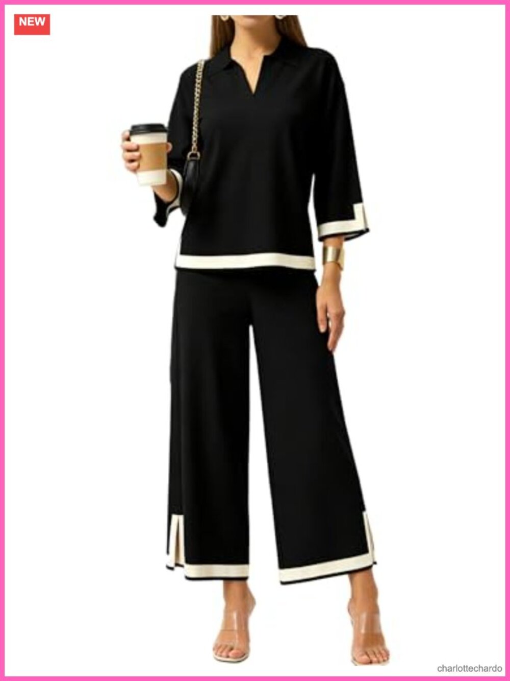 2 Piece Knit Lounge Set 3/4 Sleeve Wide Leg Palazzo Pants